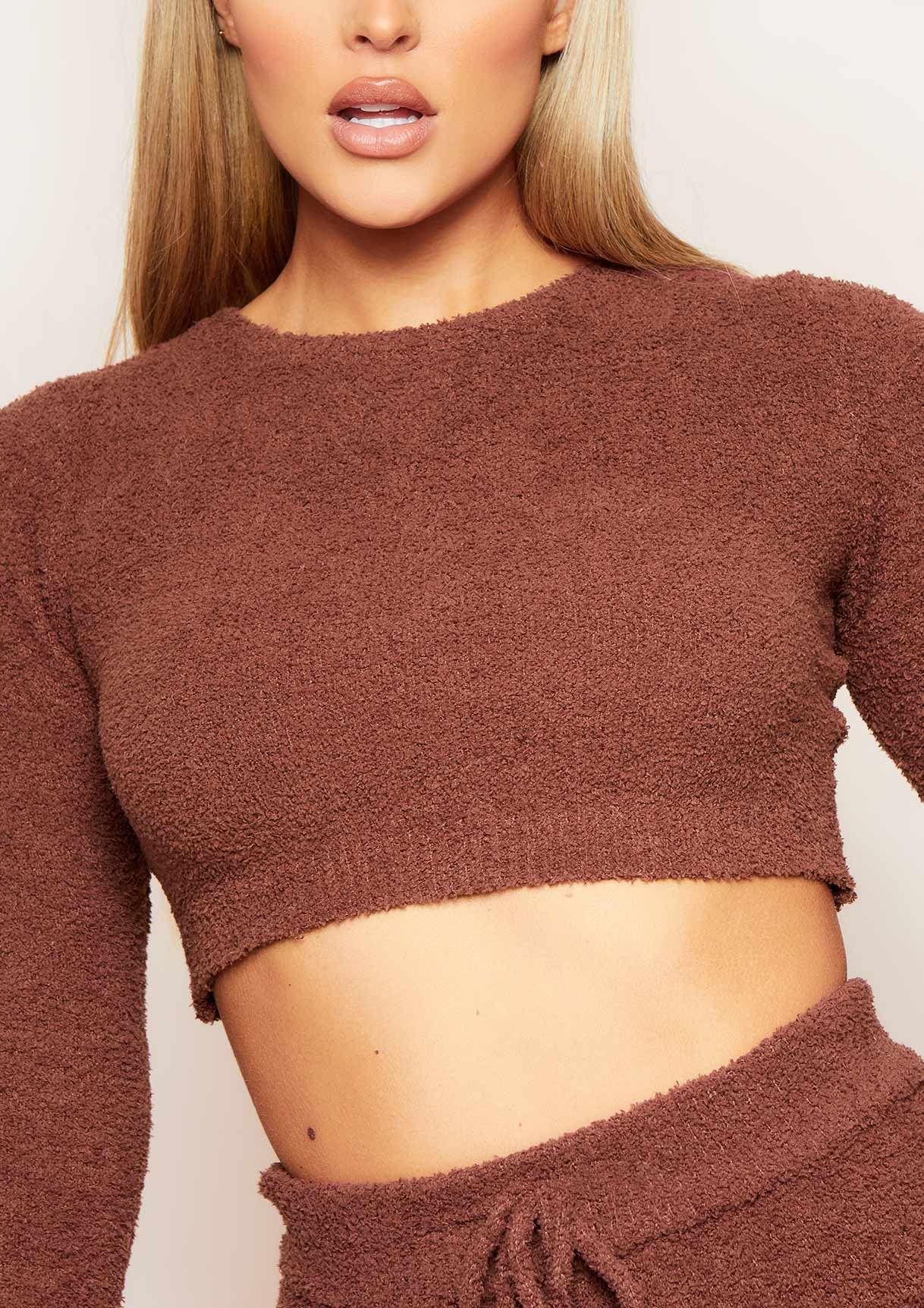 Clarina Mocha Teddy Borg Long Sleeve Crop Top sold by Missy Empire product image thumbnail 3
