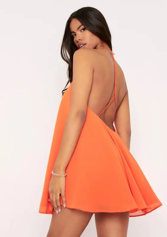 Elsie Orange Halter Neck Trapeze Mini Dress sold by Missy Empire