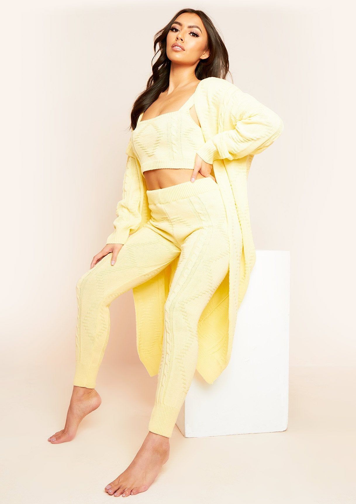 Rocha Lemon Yellow Cable Knitted Long Oversized Cardigan sold by Missy Empire
