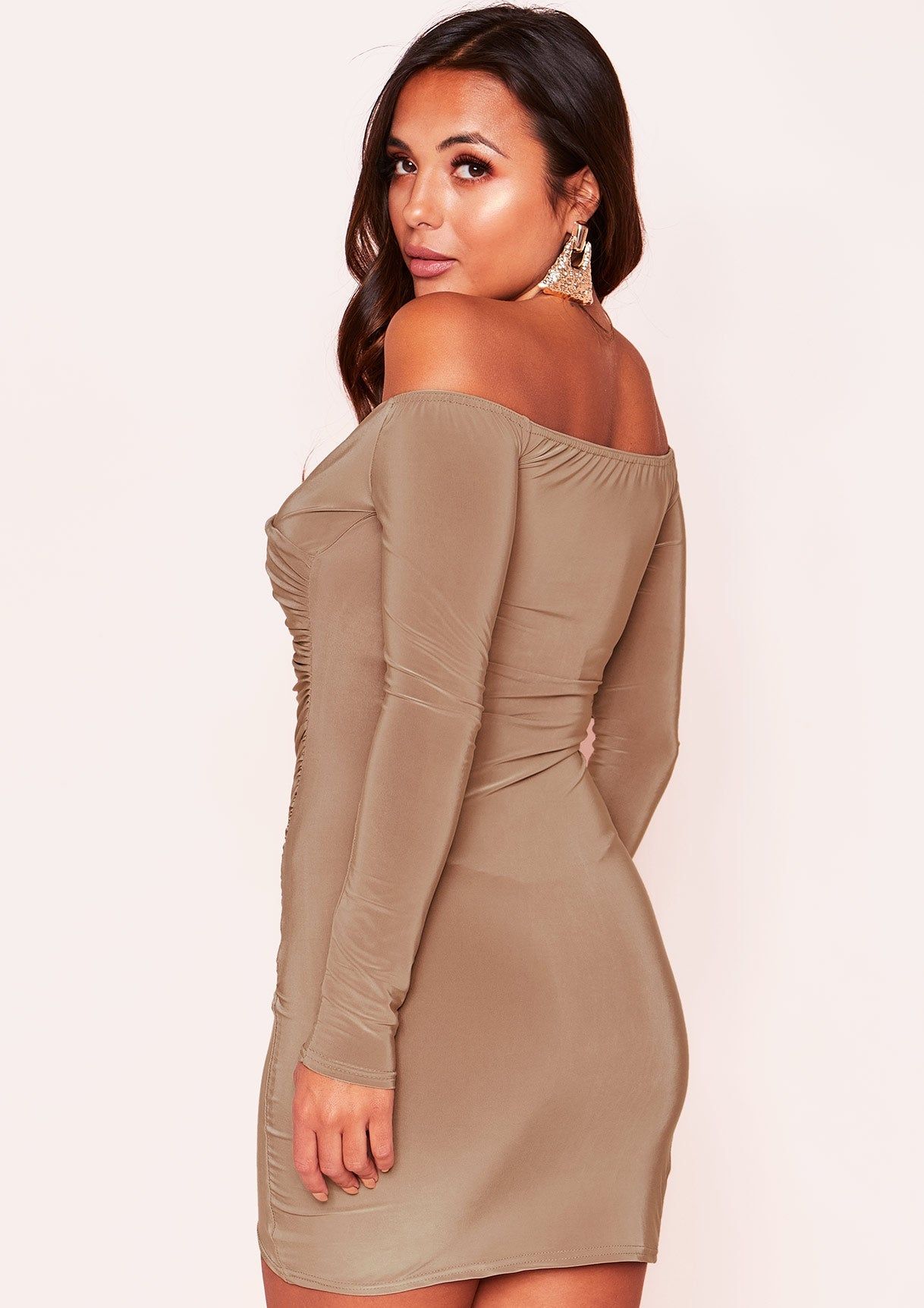 Kiara Camel Ruched Bardot Mini Dress sold by Missy Empire product image thumbnail 3