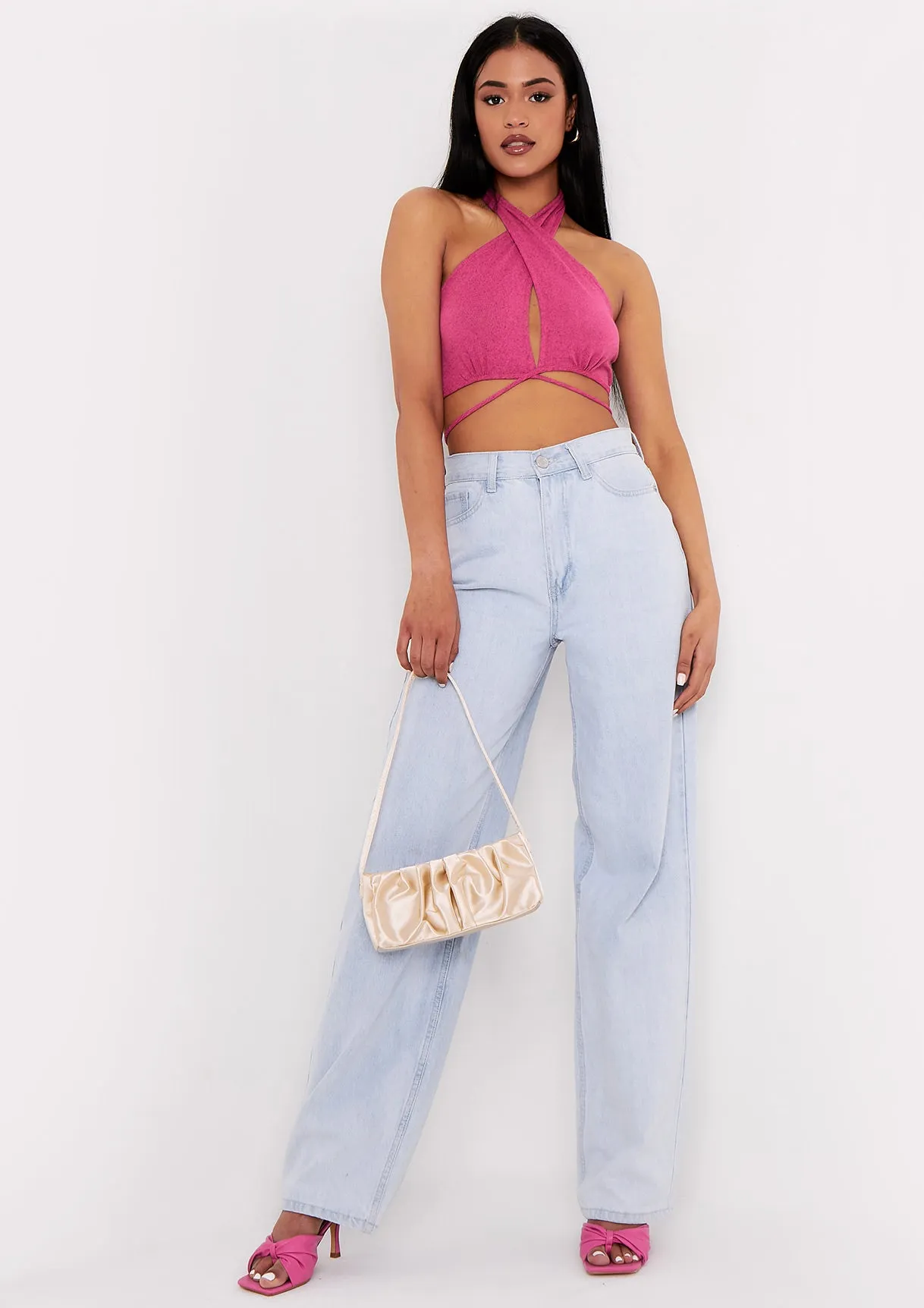 Myla Pink Halterneck Wrap Around Crop Top sold by Missy Empire