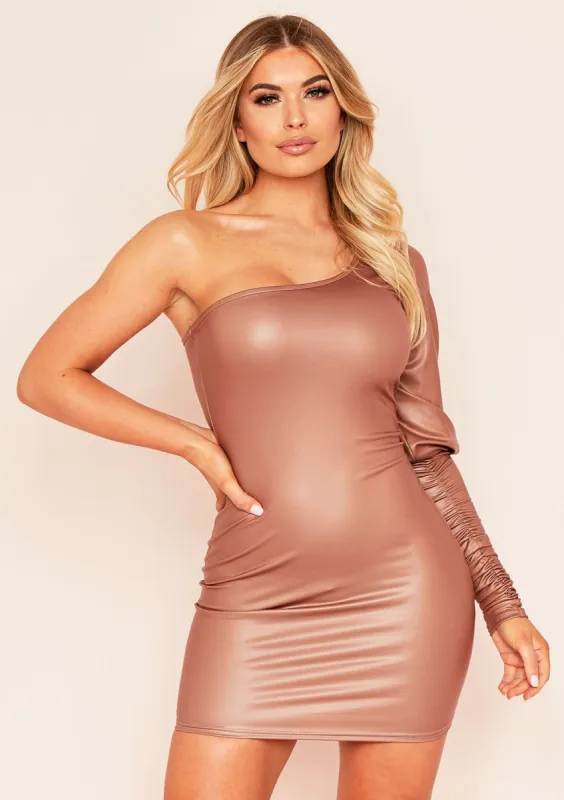 Aleena Brown One Shoulder PU Mini Dress sold by Missy Empire