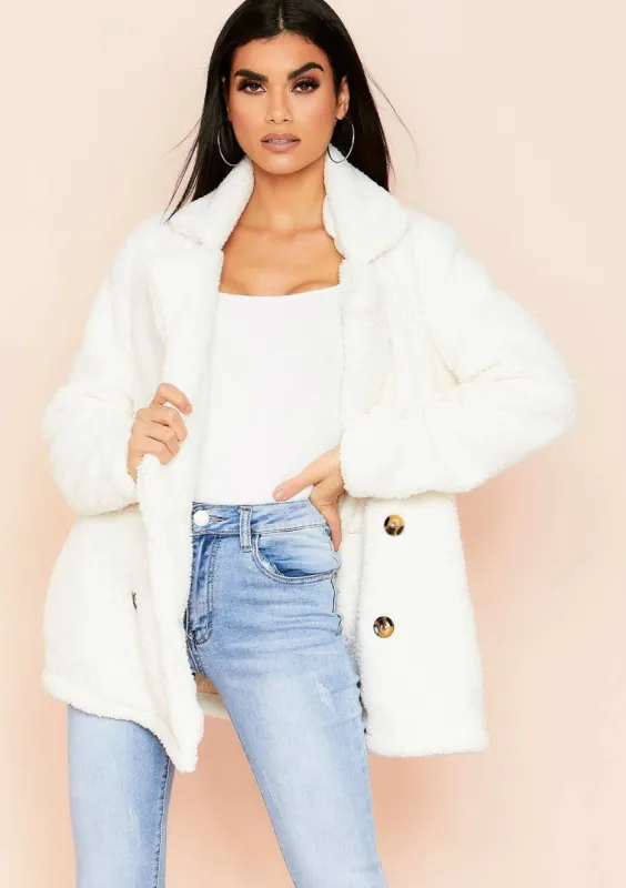 Martha Cream Teddy Faux Fur Coat sold by Missy Empire