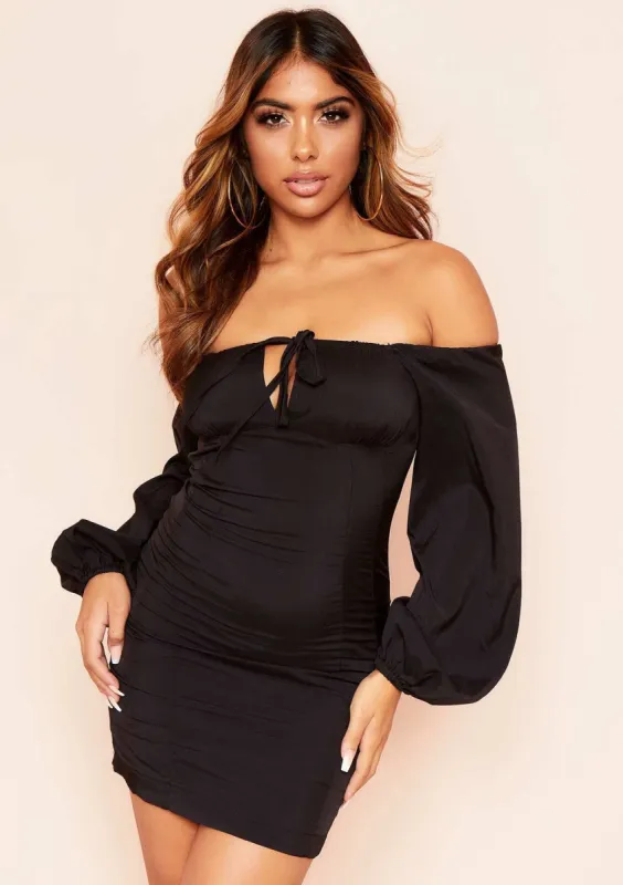 Reeta Black Bardot Balloon Sleeve Mini Dress sold by Missy Empire