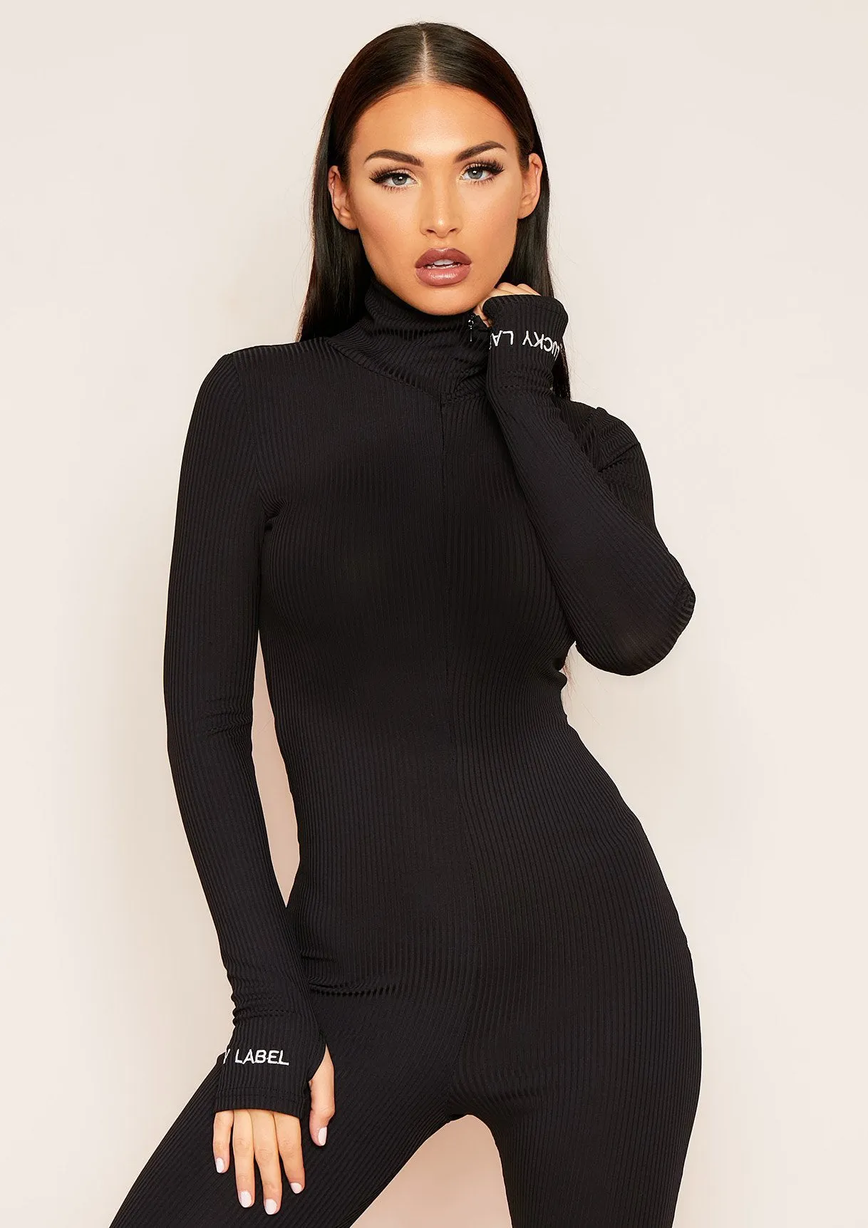 Miley Black Ribbed High Neck Slogan Zip Jumpsuit sold by Missy Empire product image thumbnail 2