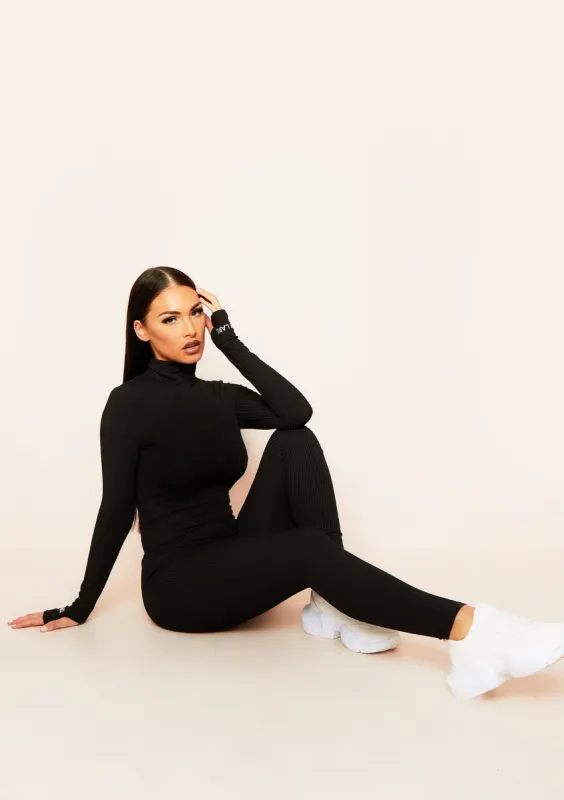 Miley Black Ribbed High Neck Slogan Zip Jumpsuit sold by Missy Empire