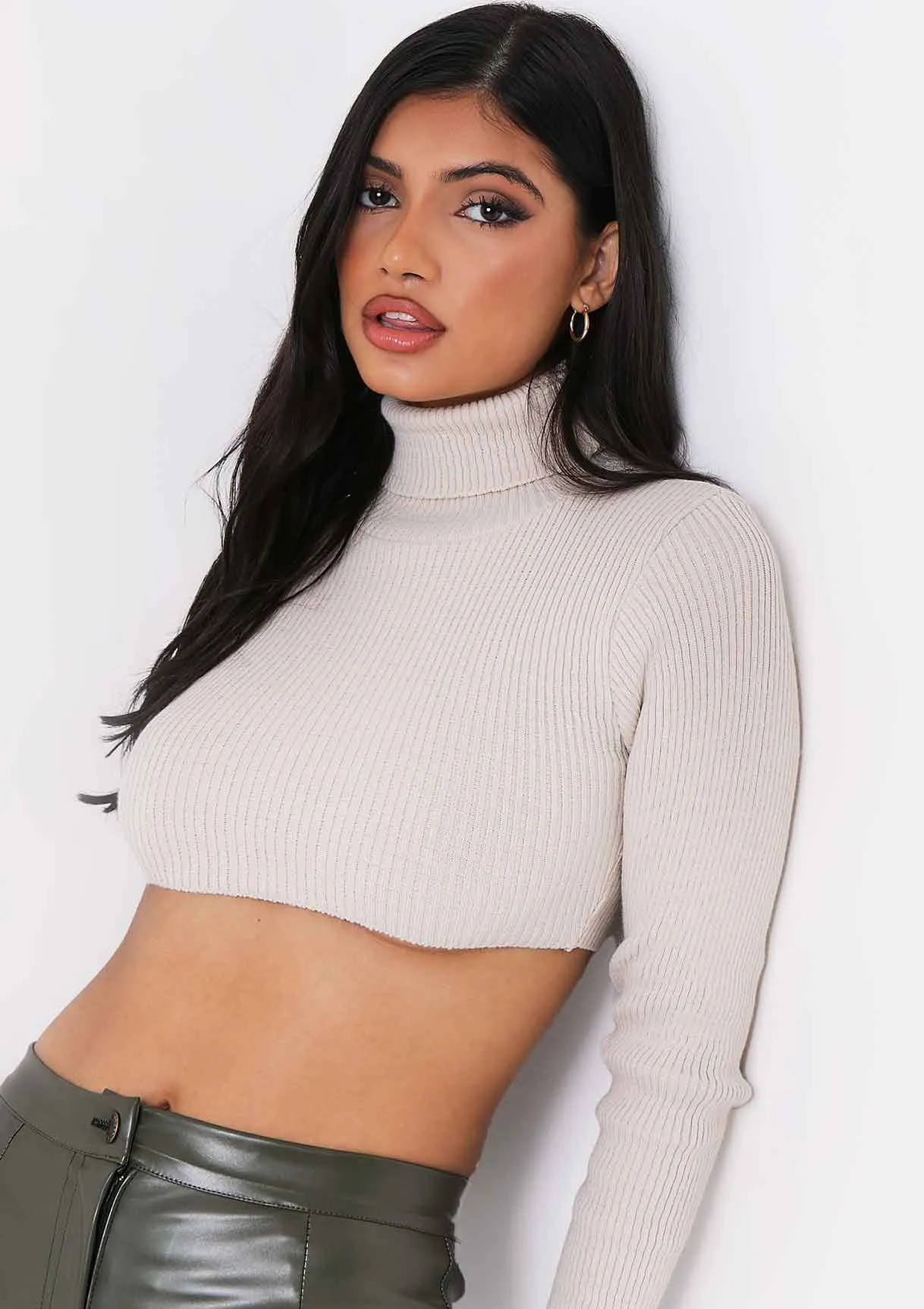 Agnese Beige Super Crop Roll Neck Knitted Jumper sold by Missy Empire product image thumbnail 4