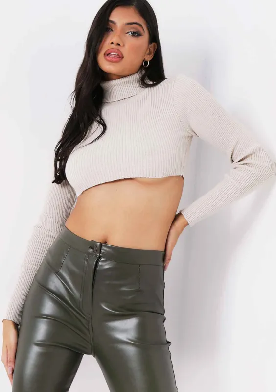 Agnese Beige Super Crop Roll Neck Knitted Jumper made by Missy Empire
