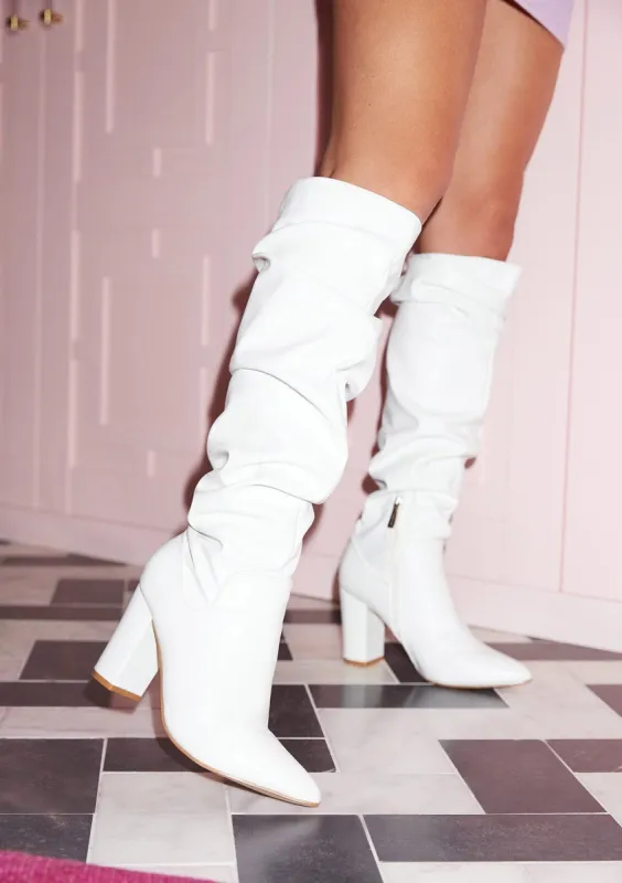 Amelia White Faux Leather Gathered Knee High Boots sold by Missy Empire