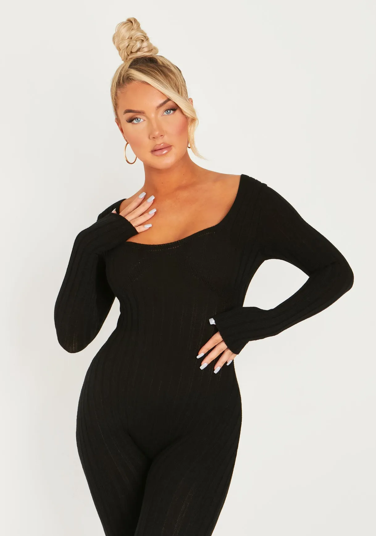 Evie Black Knitted Long Sleeve Ribbed Jumpsuit sold by Missy Empire product image thumbnail 2
