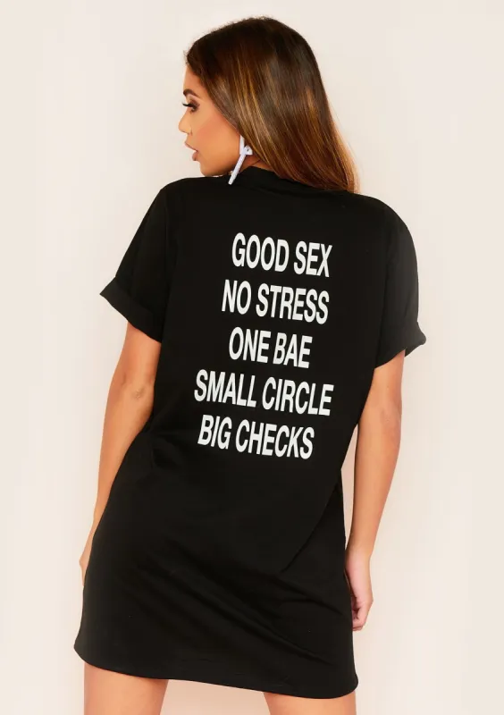 Sara Black No Stress Graphic Slogan T-Shirt Dress sold by Missy Empire