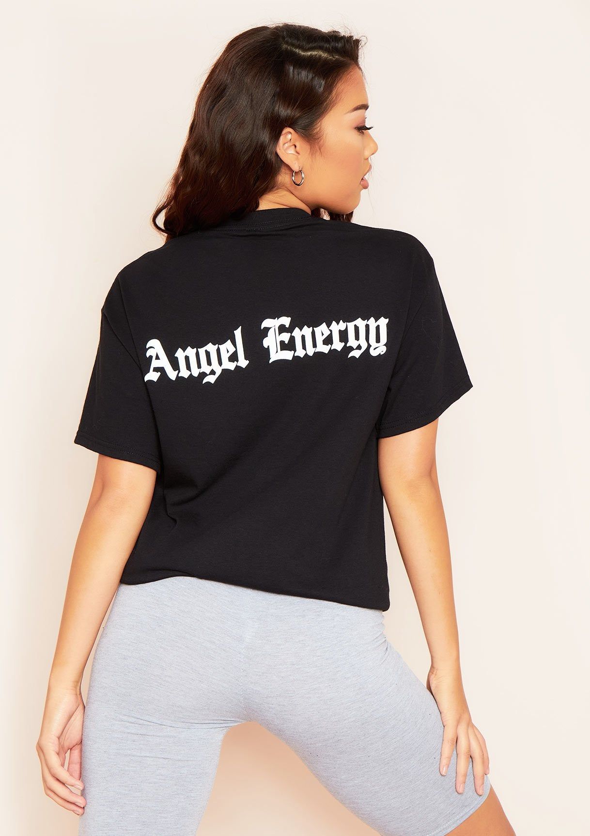 Hayden Black Angel Energy Slogan Oversized T-Shirt sold by Missy Empire