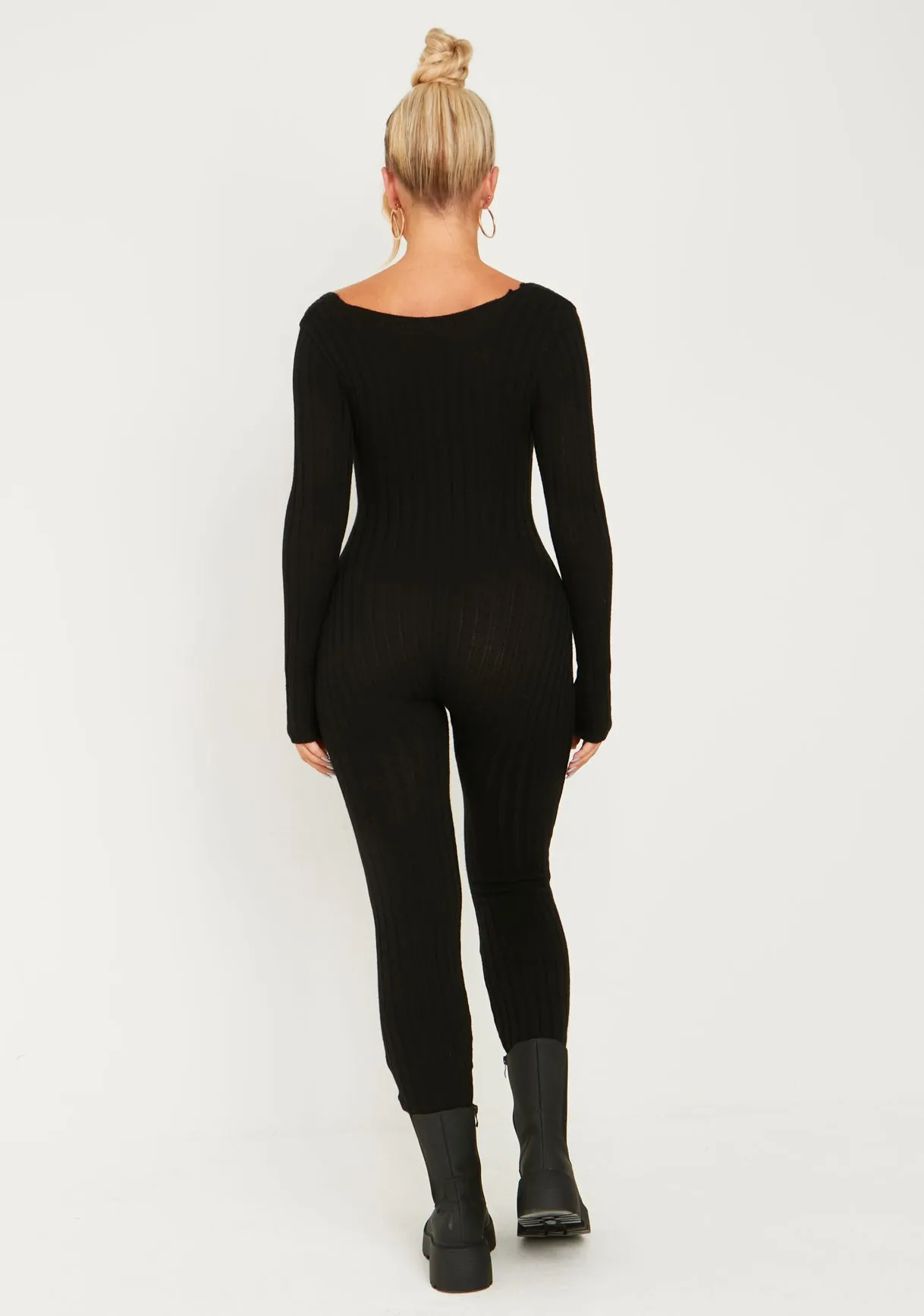 Evie Black Knitted Long Sleeve Ribbed Jumpsuit sold by Missy Empire product image thumbnail 3
