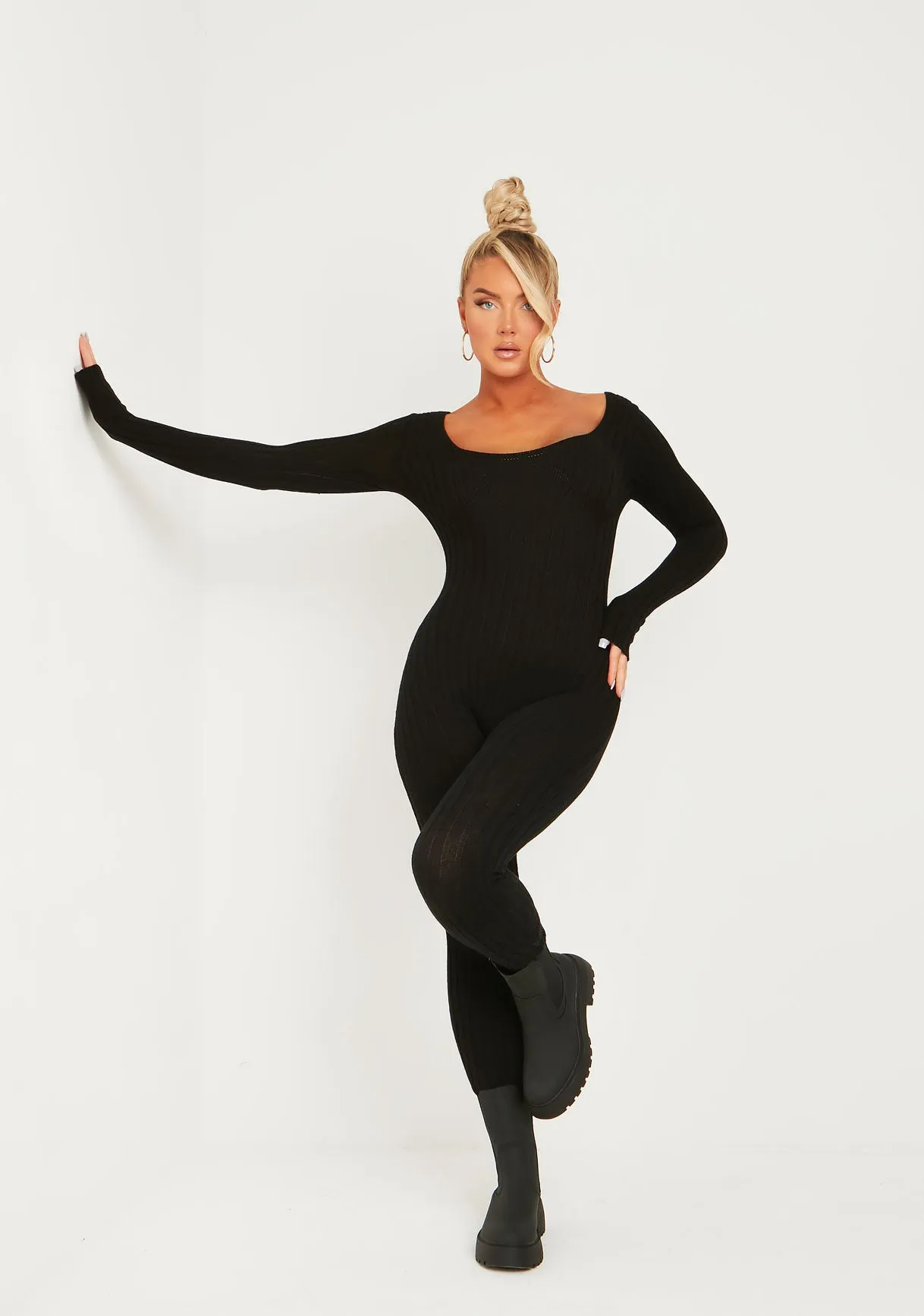 Evie Black Knitted Long Sleeve Ribbed Jumpsuit sold by Missy Empire