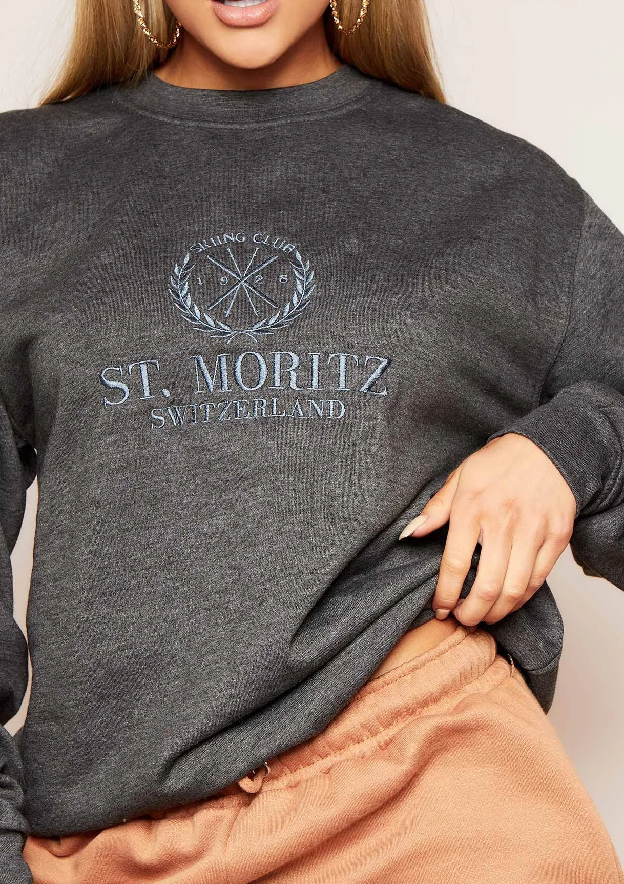 Halyn Charcoal Grey St. Moritz Slogan Oversized Sweatshirt sold by Missy Empire product image thumbnail 3
