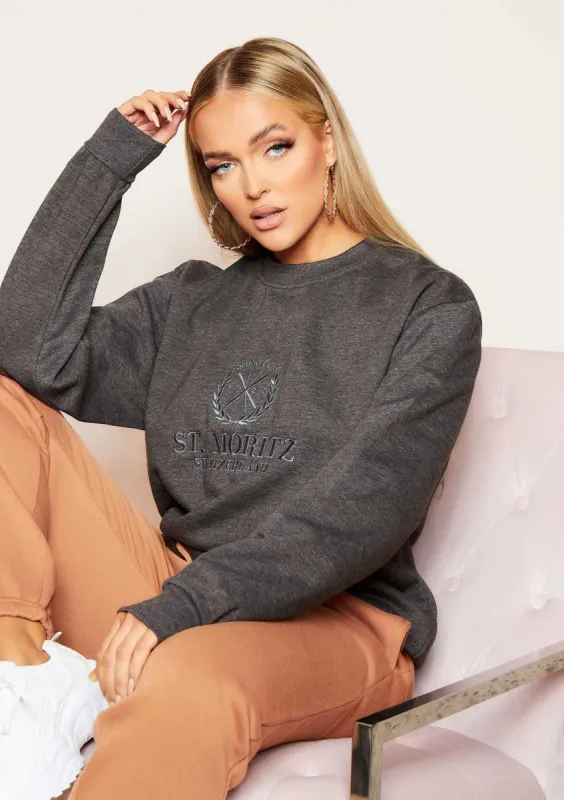 Halyn Charcoal Grey St. Moritz Slogan Oversized Sweatshirt sold by Missy Empire