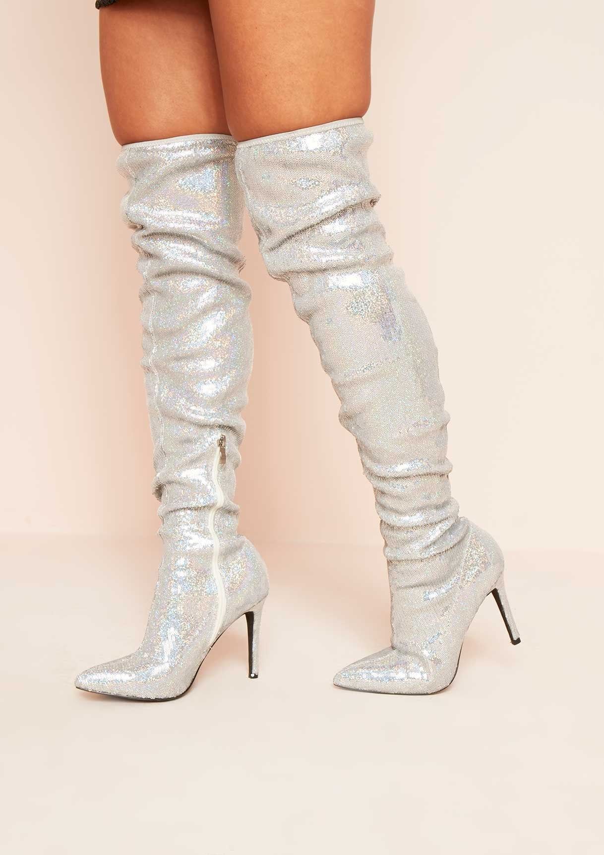 Kayley Silver Sequin Over The Knee Boots sold by Missy Empire product image thumbnail 2