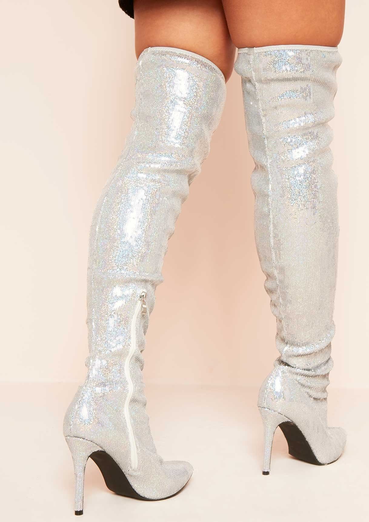 Kayley Silver Sequin Over The Knee Boots sold by Missy Empire product image thumbnail 3