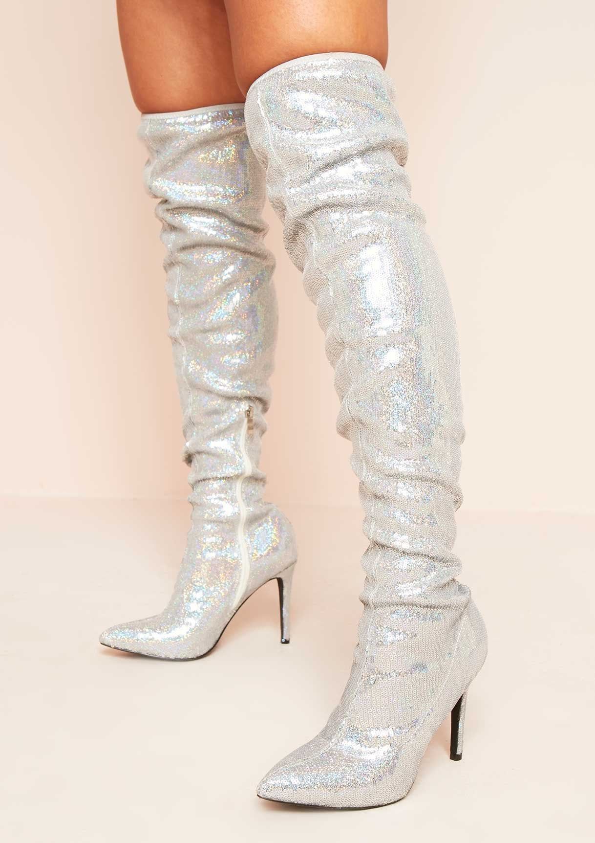 Kayley Silver Sequin Over The Knee Boots sold by Missy Empire