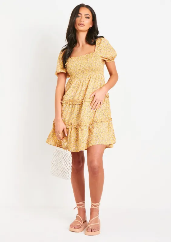 Mandy Yellow Floral Printed Mini Dress made by Missy Empire