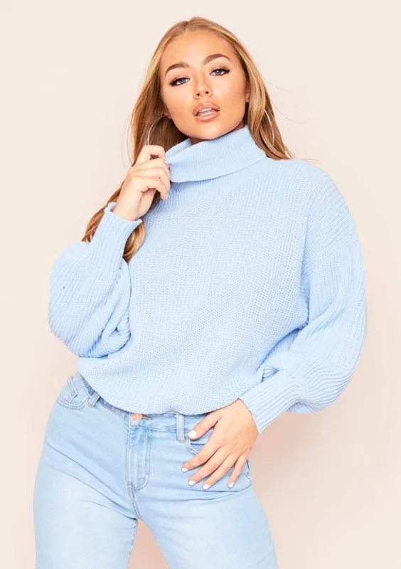 Della Blue Balloon Sleeve Roll Neck Knitted Jumper sold by Missy Empire