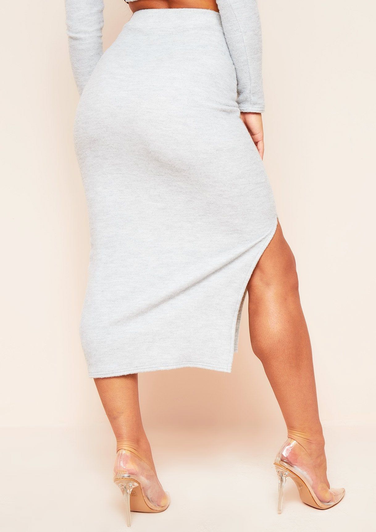 Tanzia Grey Brushed Split Side Midi Skirt sold by Missy Empire product image thumbnail 2
