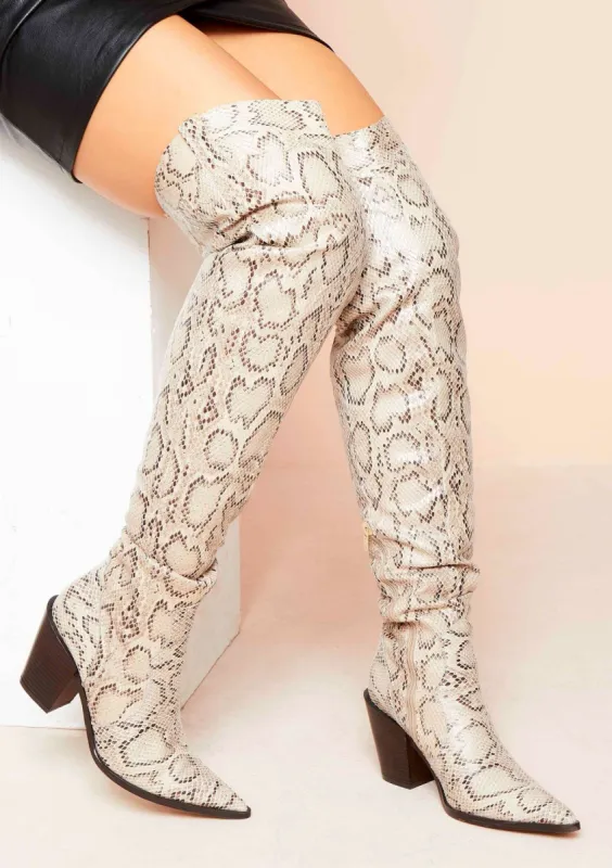 Raven Snake Print Over The Knee Boots made by Missy Empire