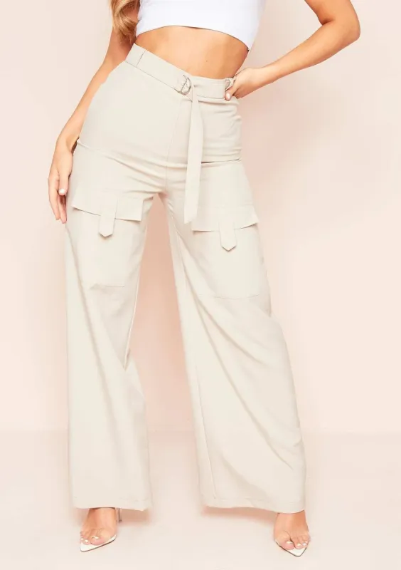 Heloise Stone Belted Pocket Wide Leg Trousers sold by Missy Empire