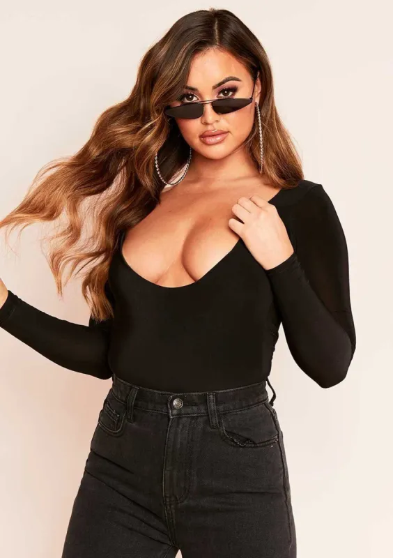 Kari Black Extreme Plunge Slinky Bodysuit sold by Missy Empire