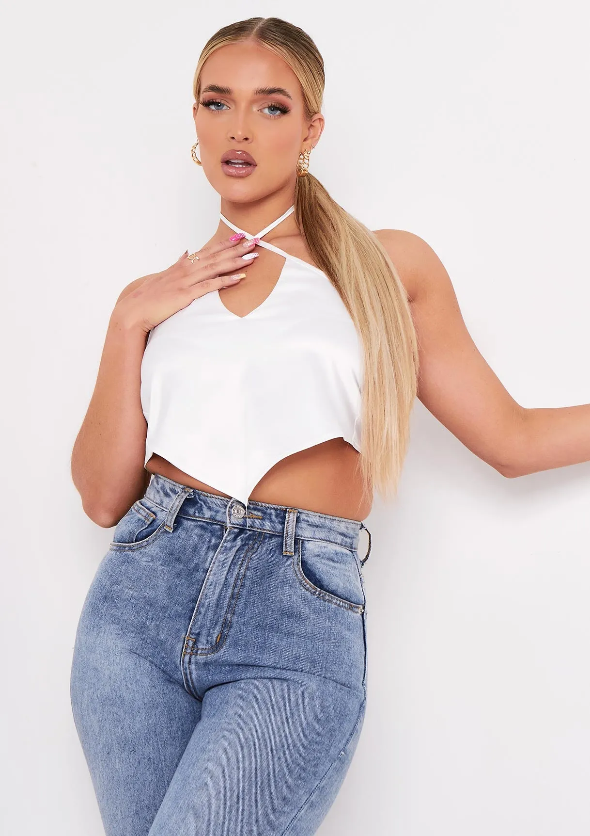 Aliyah Ivory Cross Strap Satin Tie Pointed Hem Top sold by Missy Empire