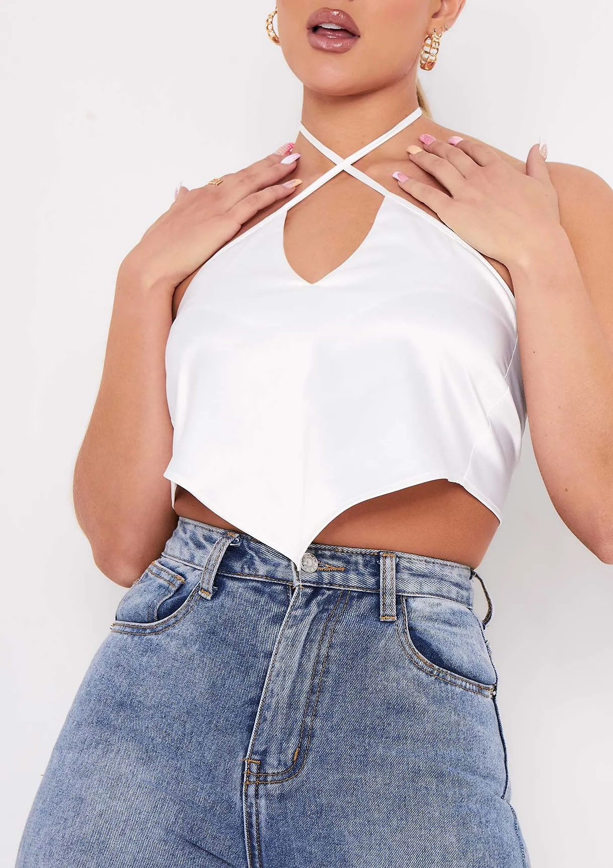 Aliyah Ivory Cross Strap Satin Tie Pointed Hem Top sold by Missy Empire product image thumbnail 2