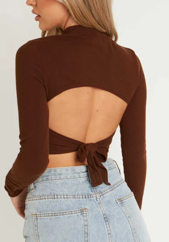 Calli Chocolate Ribbed High Neck Tie Back Long Sleeve Crop Top sold by Missy Empire