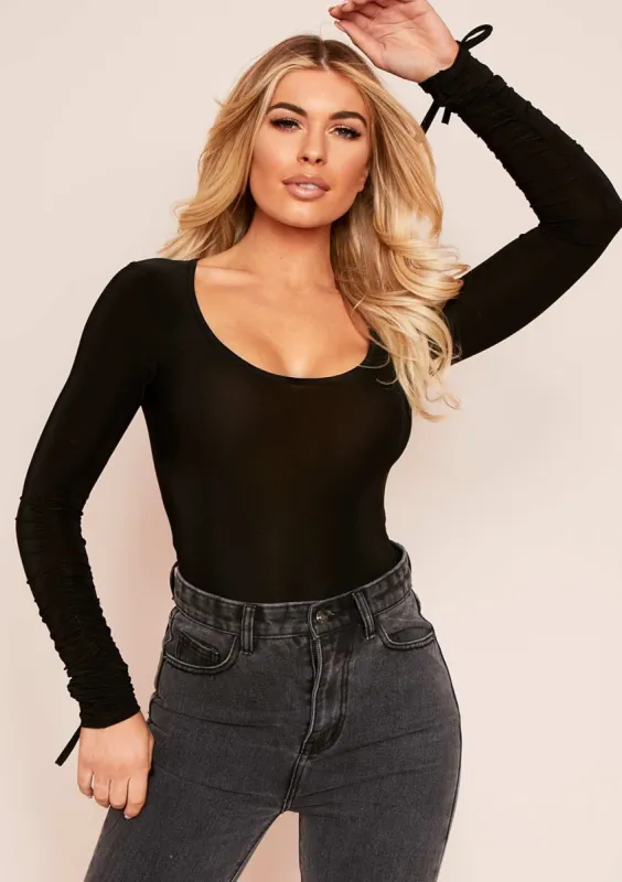 Irsa Black Ruched Sleeve Slinky Bodysuit sold by Missy Empire