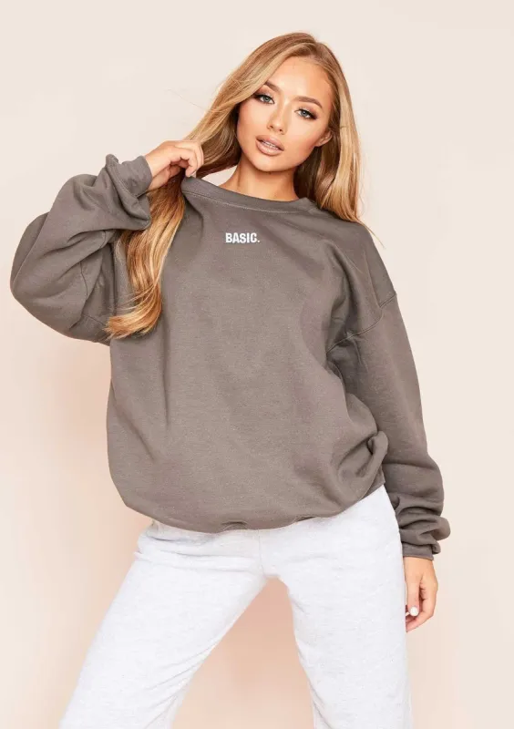Ariana Charcoal Basic Slogan Oversized Sweatshirt sold by Missy Empire