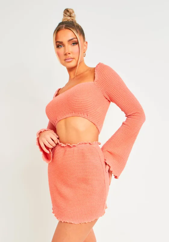 Mariss Peach Waffle Knit Lettuce Hem Square Neck Crop Top made by Missy Empire