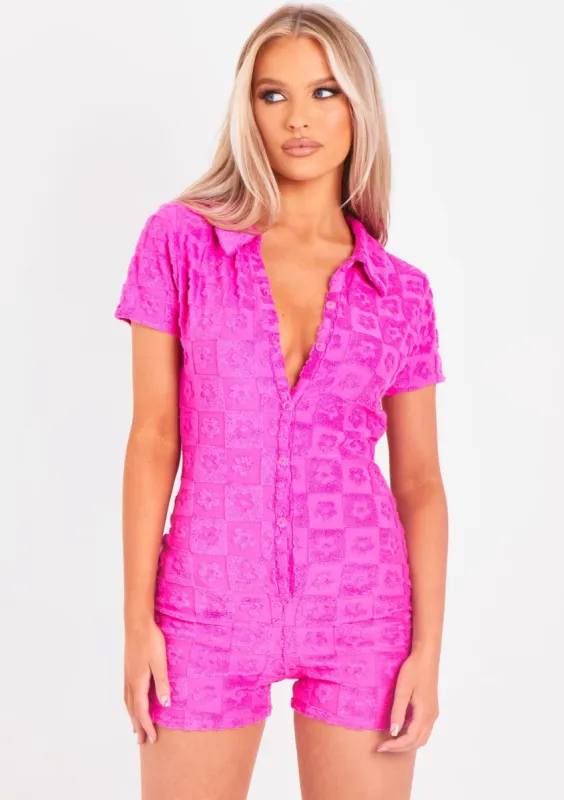 Aya Pink Embossed Towelling Button Playsuit sold by Missy Empire