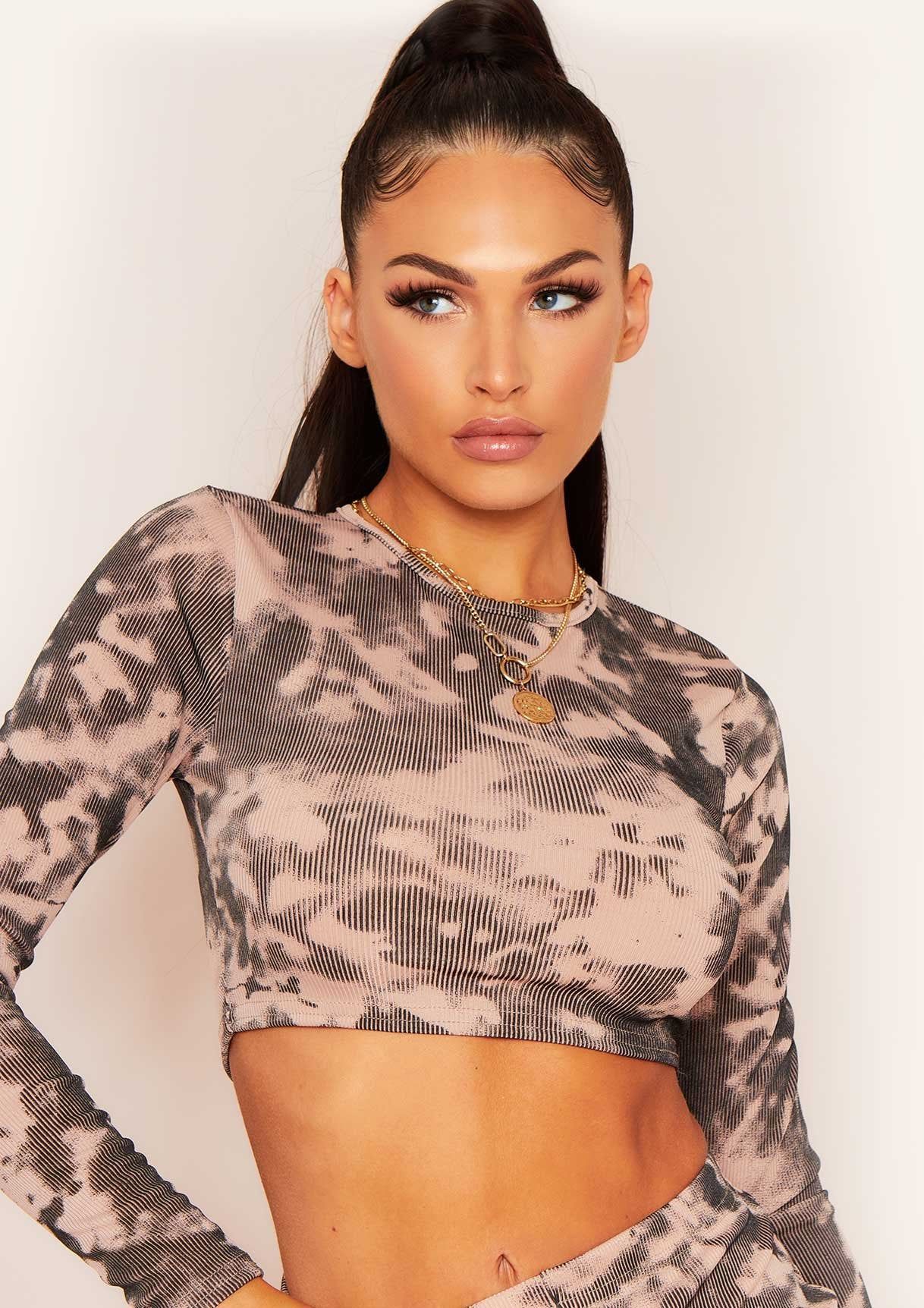 Star Beige Long Sleeve Acid Wash Ribbed Crop Top sold by Missy Empire product image thumbnail 3