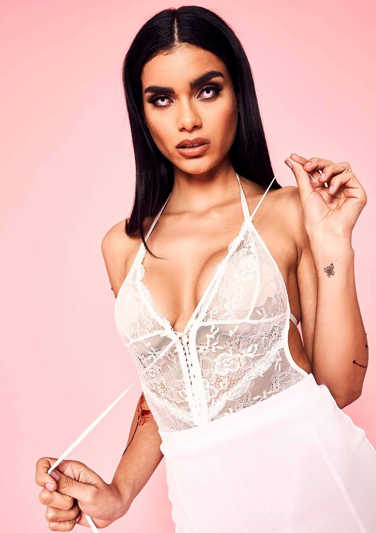 Raina White Floral Lace Mesh Bodysuit sold by Missy Empire