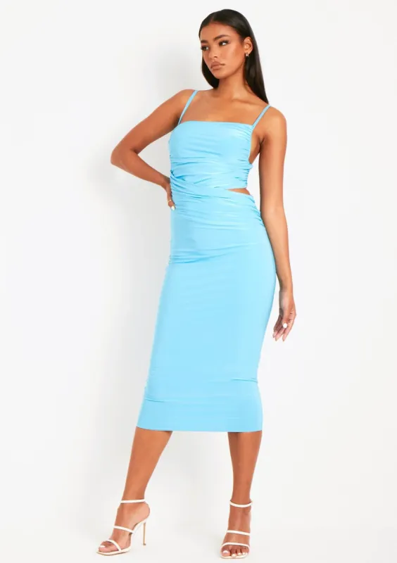 Corinne Baby Blue Gathered Cut Out Midi Dress sold by Missy Empire