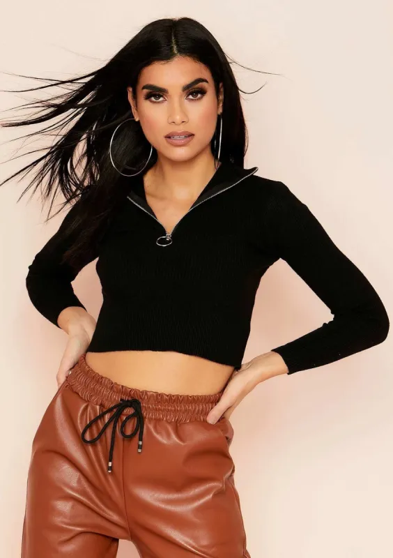 Jaden Black Zip Up Ribbed Knit Top sold by Missy Empire