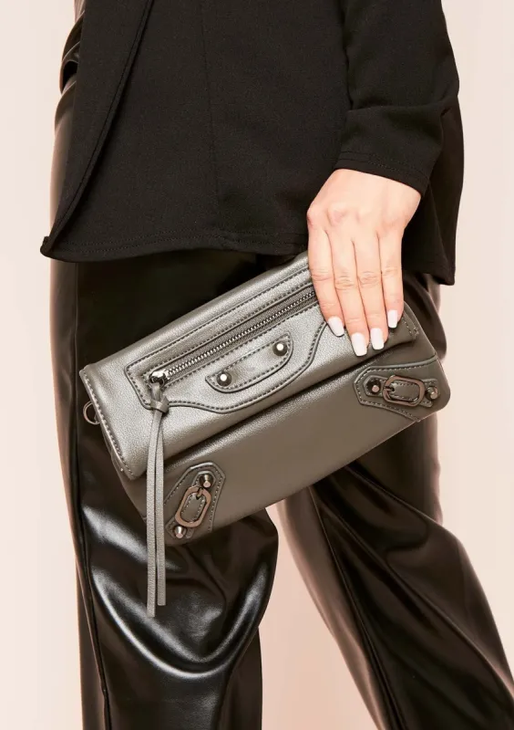 Rhea Charcoal Faux Leather Envelope Clutch Bag sold by Missy Empire