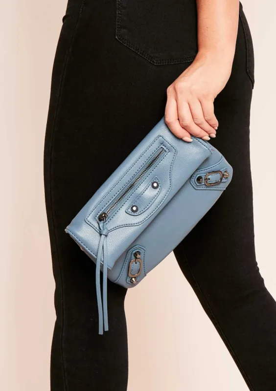Rhea Blue Faux Leather Envelope Clutch Bag sold by Missy Empire