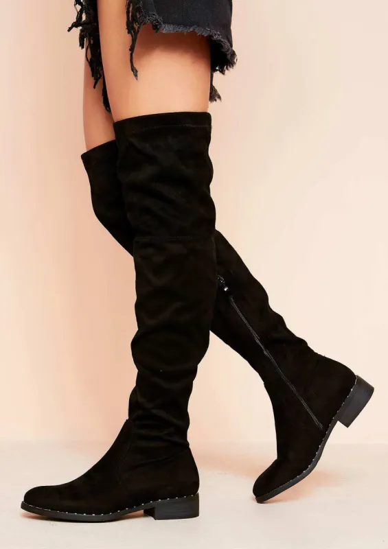 Irsa Black Suede Stud Detail Knee High Boots sold by Missy Empire