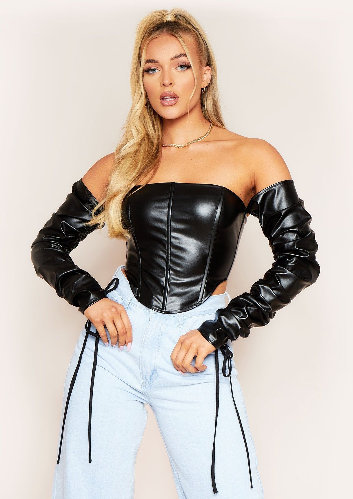 Megan Black Ruched Arm PU Corset Top sold by Missy Empire
