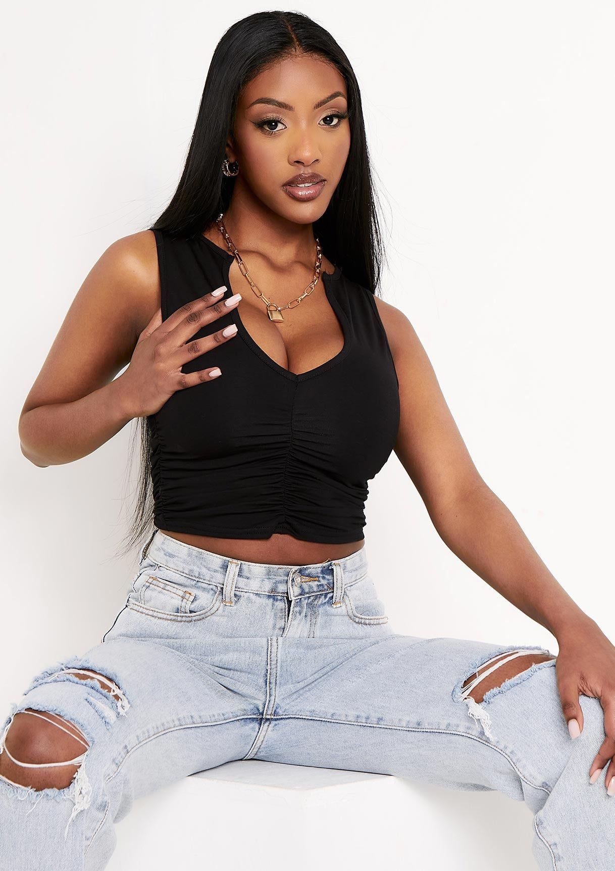 Abbie Black Ruched Front Scoop Neck Top sold by Missy Empire