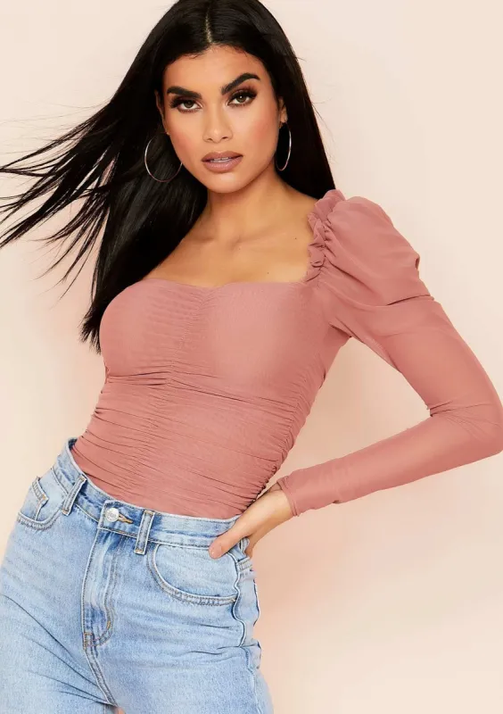 Nahia Pink Mesh Ruched Bodysuit sold by Missy Empire