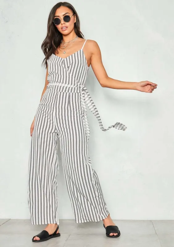 Anabelle White Stripe Tie Waist Jumpsuit sold by Missy Empire
