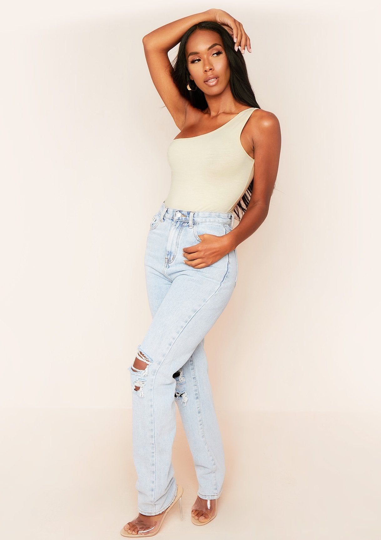 Nina Beige One Shoulder Bodysuit sold by Missy Empire product image thumbnail 4