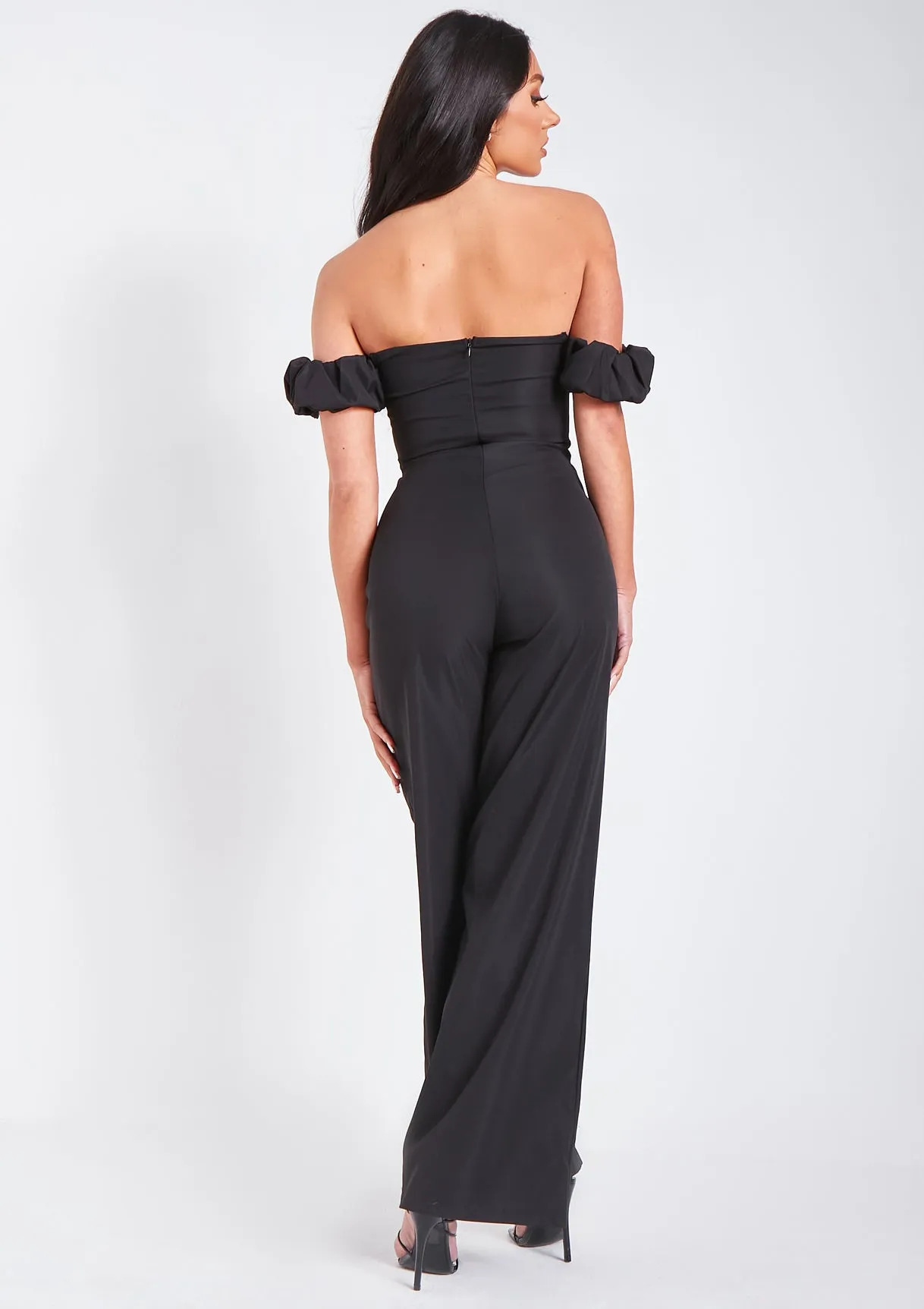 Rosalyn Black Bardot Ruffle Wide Leg Tailored Jumpsuit sold by Missy Empire product image thumbnail 3