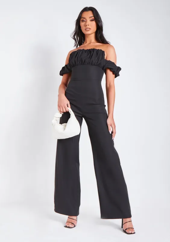 Rosalyn Black Bardot Ruffle Wide Leg Tailored Jumpsuit sold by Missy Empire
